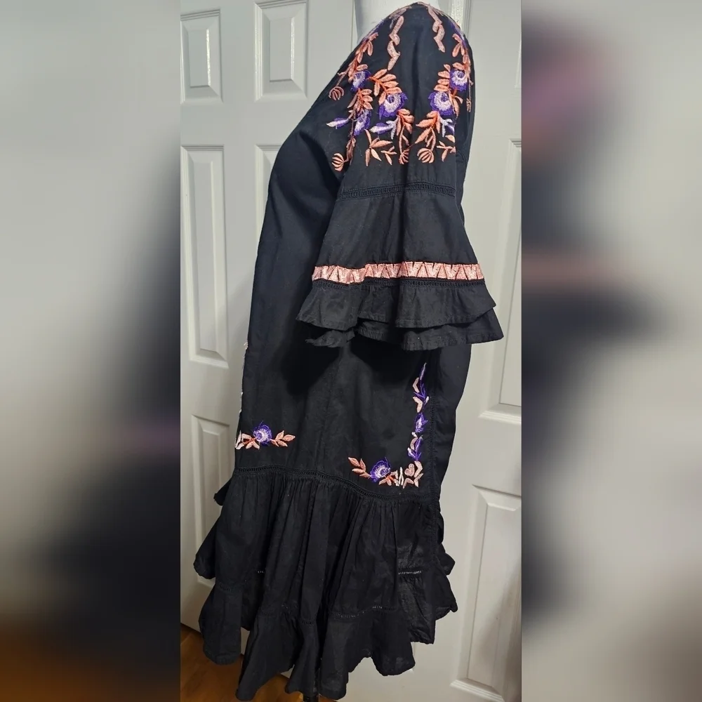 Free People Pavlo Cotton Embroidered Black Flounce Fairycore Dress Sz XS